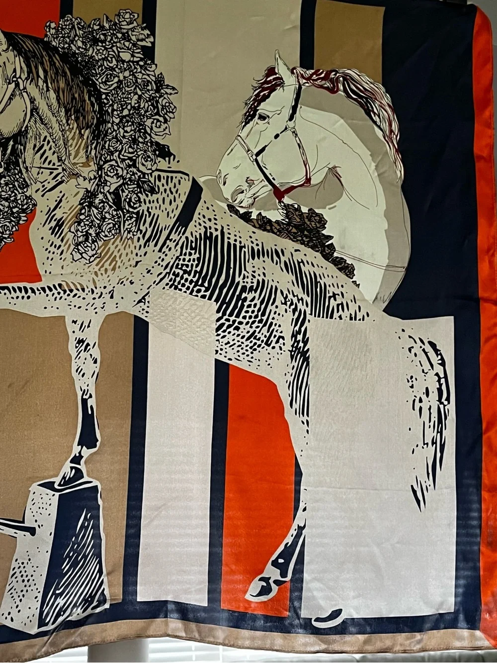 Equestrian Silk Scarf Print - Beige, Orange & Black